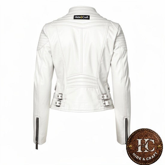 Women's White Leather Motorbike Jacket – Genuine Cowhide | Hide & Craft